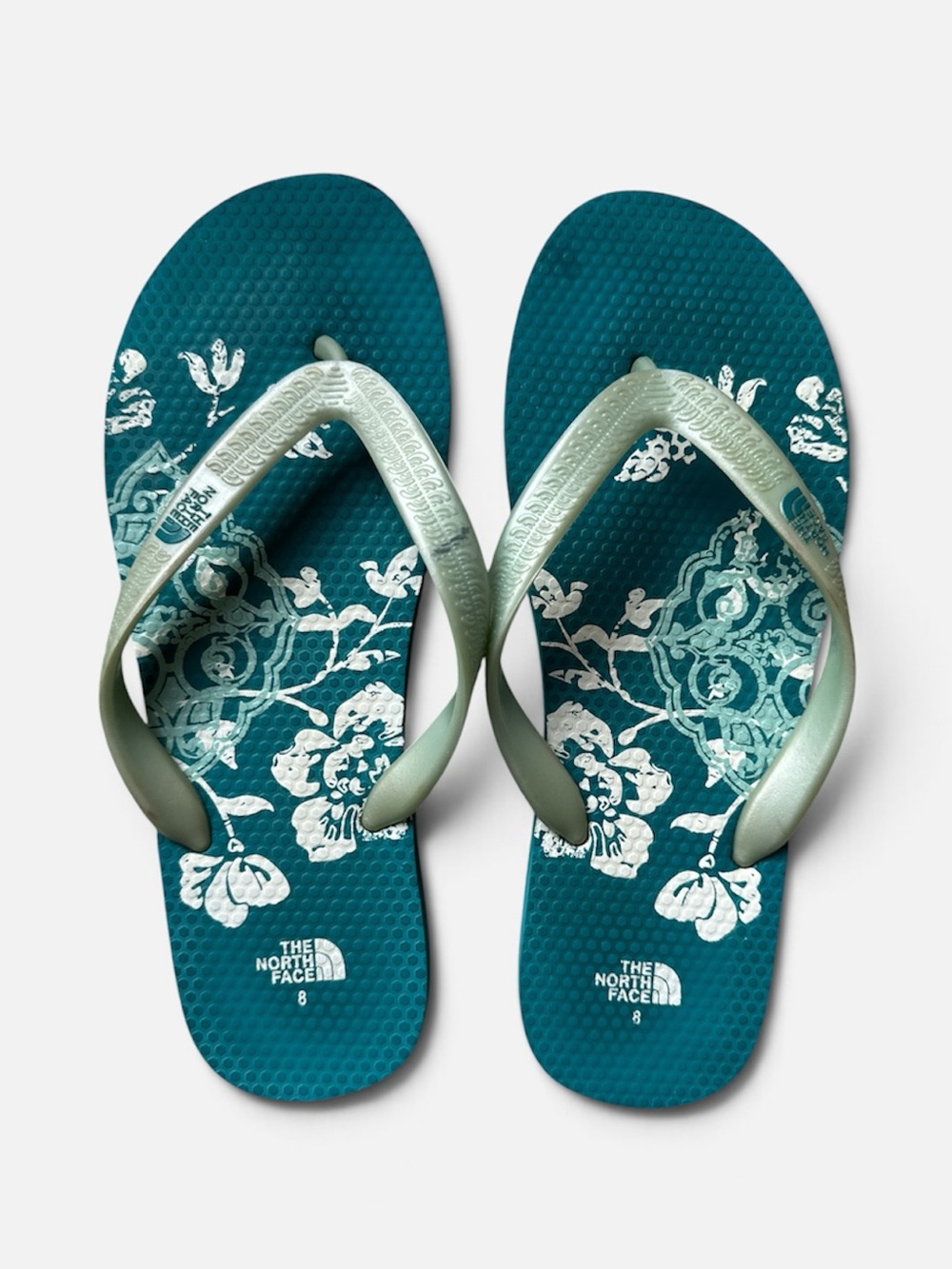 The North Face Womens Teal Green Rubber Floral Flat Slip On Flip Flop Sandals